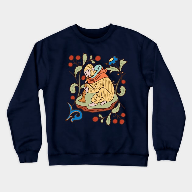 Cute Medieval Monkey Playing the Trumpet Colorful Drawing Crewneck Sweatshirt by MariOyama